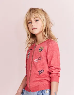 Cardigan orange foncé brodé fille