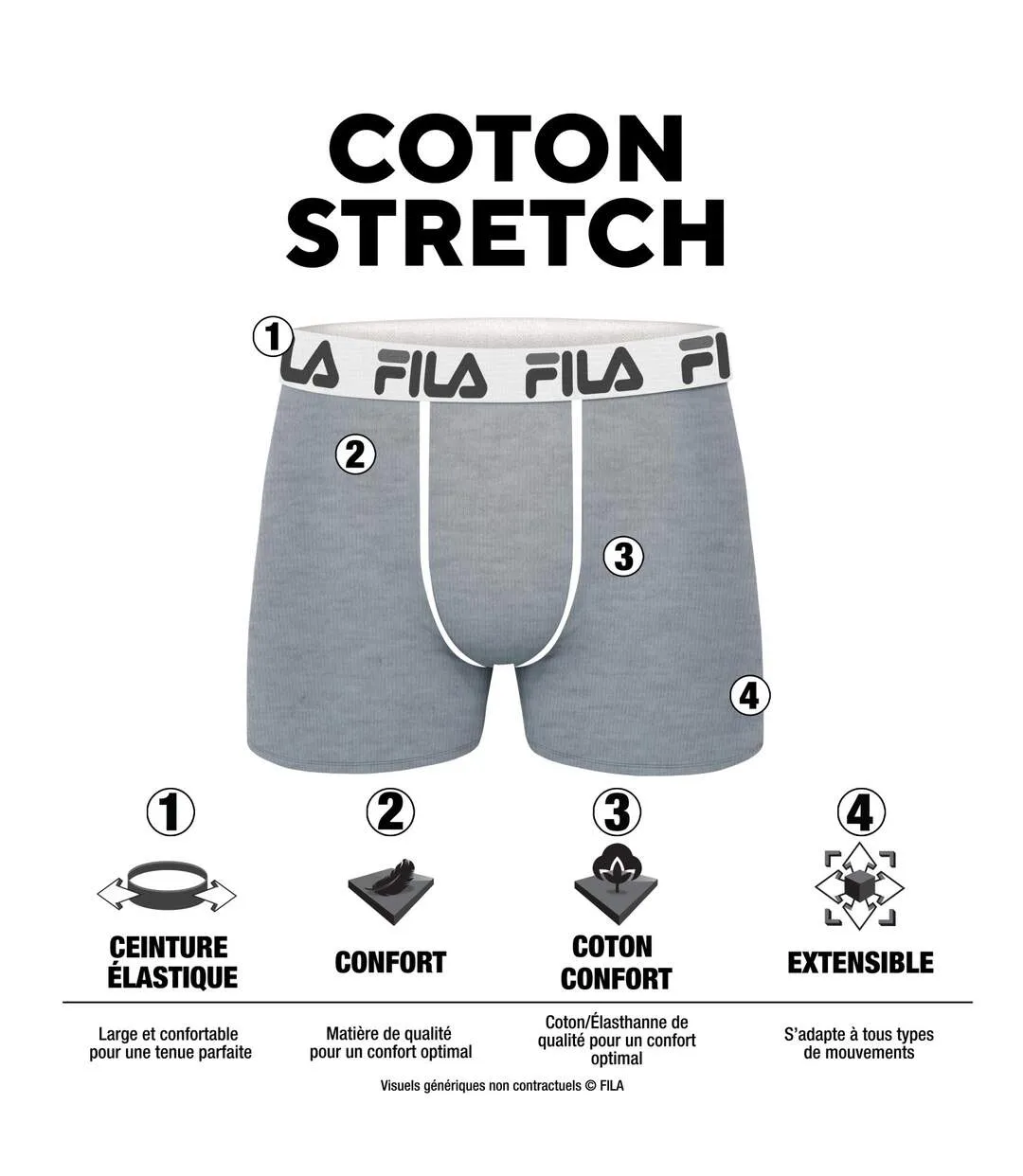 Lot de 4 Boxers Coton homme FU5016 Uni Fila